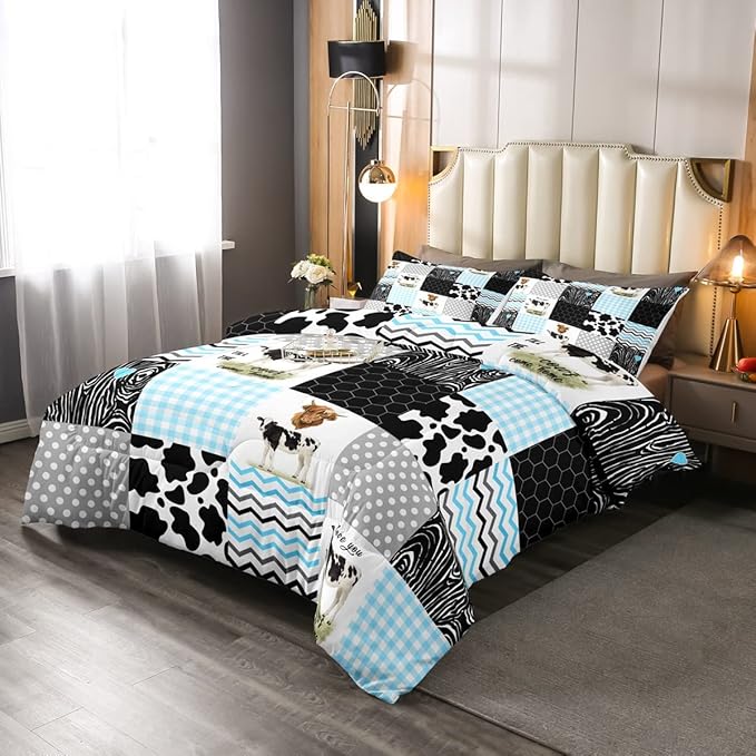 Cute Cow Print Comforter Set Twin Size Kawaii Highland Cow Bedding Set Bedroom Decor Honeycomb Plaid Pattern Geometric Stripes Down Comforter Cartoon Farm Animals Duvet Set, Blue Black Grey
