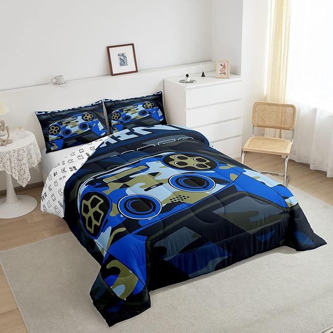 Boys Gaming Comforter Set Twin Size Teens Gamer Bedding Set Retro Blue Camouflage Video Game Controller Comforter For Kids Youth Bedroom Decor Gamer Console Action Buttons Duvet Set Microfiber