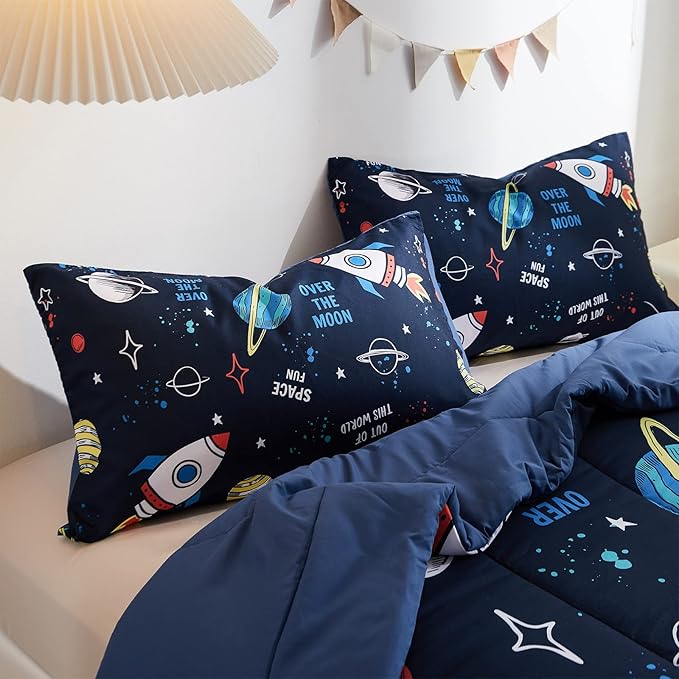 beeweed 3 Piece Kid Comforter Set Queen Size, Space Rocket Bedding Set for Teen Boys Girls