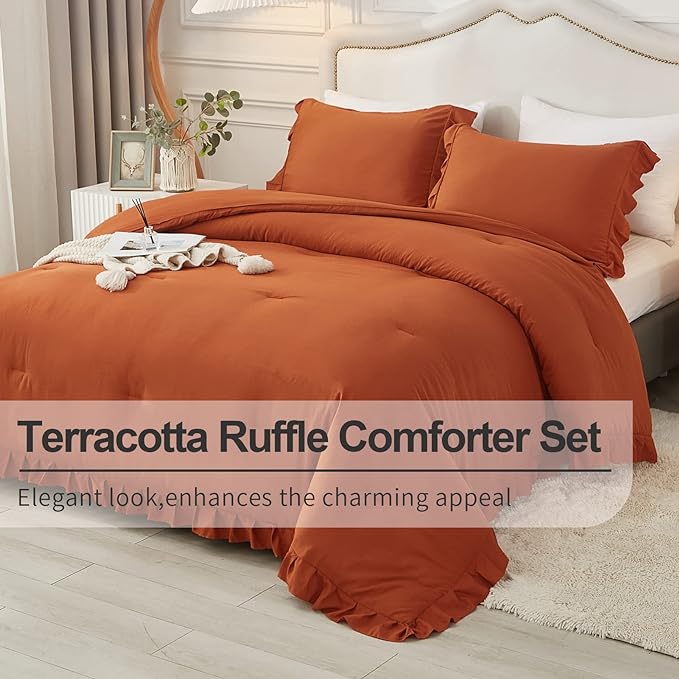 Andency Terracotta Ruffle Comforter King(104x90Inch), 3 Pieces(1 Ruffled Comforter and 2 Pillowcases) Solid Farmhouse Shabby Chic Comforter, Vintage Rustic Soft Microfiber Bedding Set