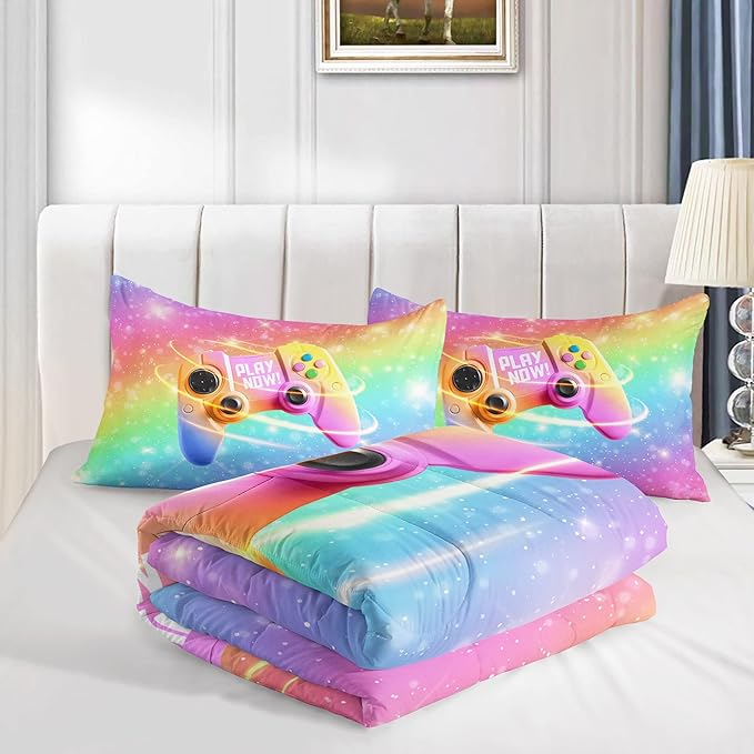 Datura home Bedding Comforter Set Rainbow Gamepad Printed Pattern Quilt with 1 and 2 Pillowcases for Girls Bedroom All Season(Rainbow Twin) Twin 68x86inches