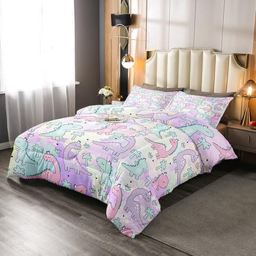 Erosebridal Dinosaur Comforter Set Full Size, Kawaii Dinosaur Bedding Sets for Kids Girls Boys Gift Bedroom Decor, Cartoon Cute Animals Duvet Set,Palm Leaf Down Comforter, Green Purple Pink