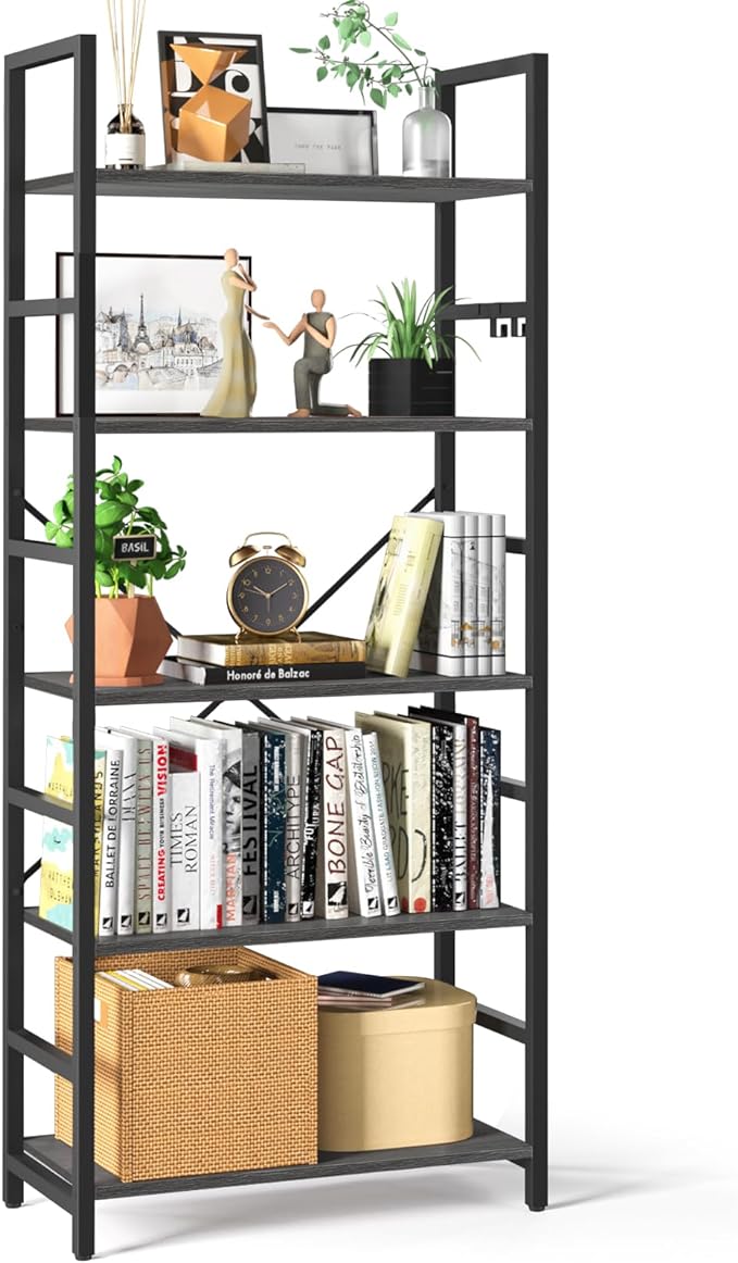 Yoobure 5 Tier Bookshelf - Tall Book Shelf Modern Bookcase for CDs/Movies/Books, Rustic Book Case Industrial Bookshelves Book Storage Organizer for Bedroom Home Office Living Room Grey