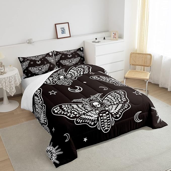 Feelyou Boys Boho Moth Comforter Set Twin Size Men Gothic Skull Bedding Set for Girls Women Bedroom Decor Bohemian Moon Star Comforter Personalized Moth Skull Skeleton Bones Duvet Set Teens Quilt Set