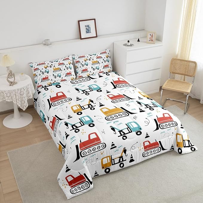 Boys Cartoon Car Comforter Set, Kids Construction Vehicles Comforter for Kids Children Cartoon Truck Bedding Set Cute Cars Teal Red Yellow Quilt Set Bedroom Collection 3Pcs Full Size