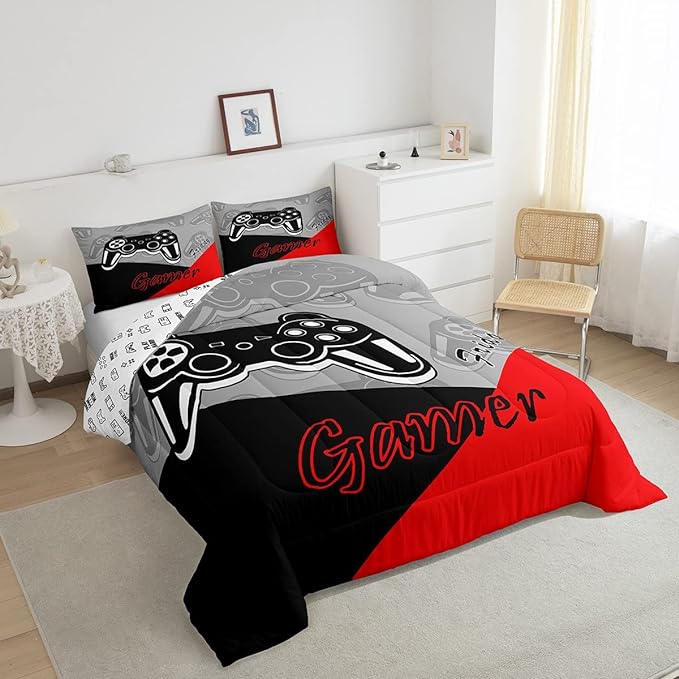 Feelyou Kids Gaming Twin Size Comforter Video Game Bedding Sets for Child Boys Teen Gamer Down Comforter All Season Reversible Game Controller Home Decor,1 Comforter with 1 Pillowcase, Red