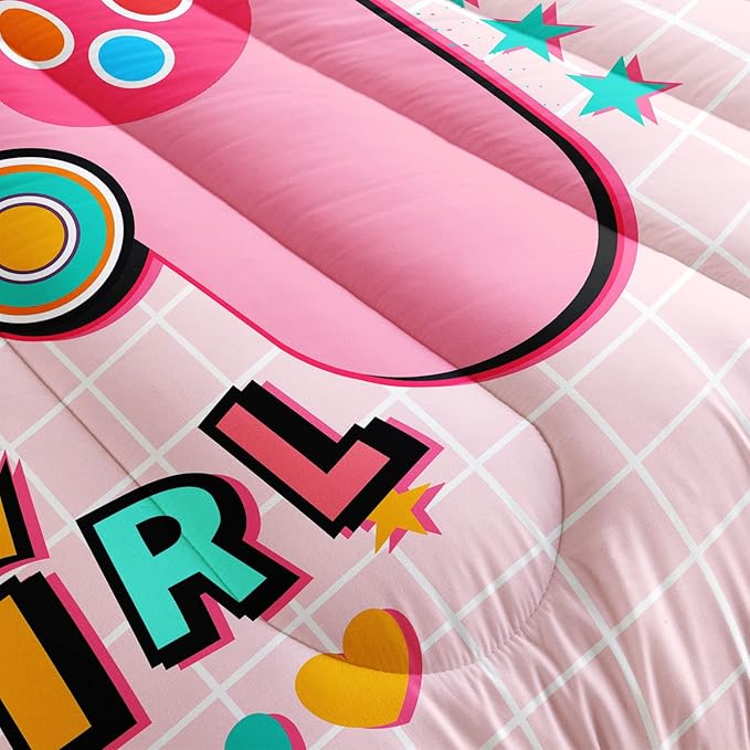 Datura home Bedding Comforter Set Pink Gamepad Printed Pattern Quilt with 1 and 2 Pillowcases for Girls Bedroom All Season(Pink Full) Full 80x90inches