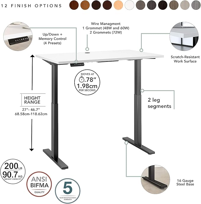 Bush Business Furniture Move 60 Electric Ergonomic Sit-Stand Computer Table for Home and Professional Office, 72W x 30D, White