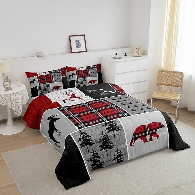 Deer Antlers Bear Kids Comforter Set Queen Size,Plaids Boho Arrows Patchwork Bedding Set for Boys Girls Adults Room Decor,Rustic Adventure Xmas Down Comforter,Red Retro Duvet Insert,2 Pillowcases