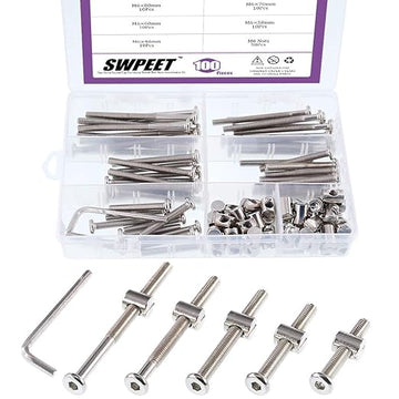 Swpeet 100Pcs Crib Hardware Screws, Nicked Plated M6 × 40/50/60/70/80mm Hex Socket Head Cap Crib Baby Bed Bolt and Barrel Nuts with 1 x Allen Wrench Perfect for Furniture, Cots, Crib Screws