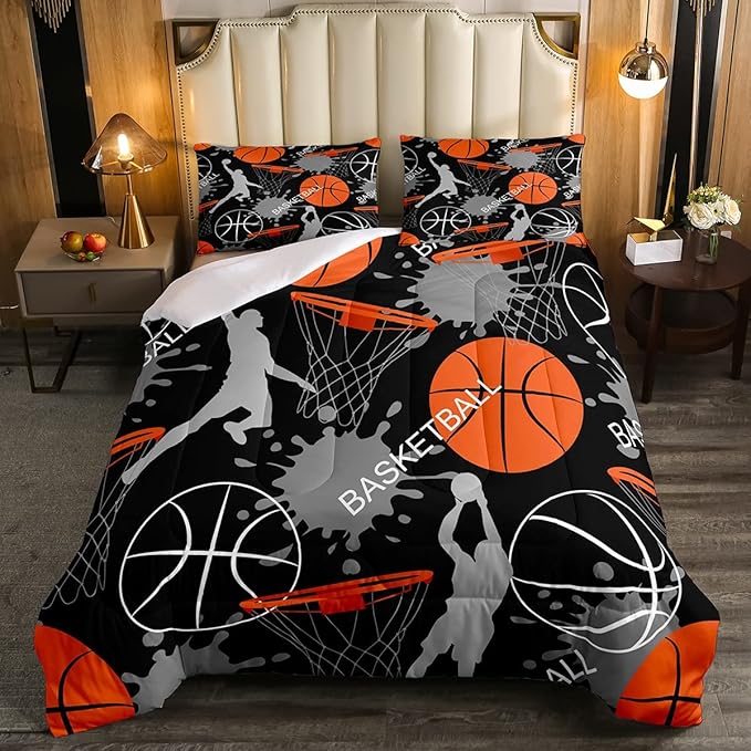 Basketball Bedding Set Tie Dye Down Comforter Passionate Sports Games Comforter Set for Kids Boys Man Jumping Up Shooting Action Quilt Set with 1 Comforter and 2 Pillow Cases Full Size Orange Black