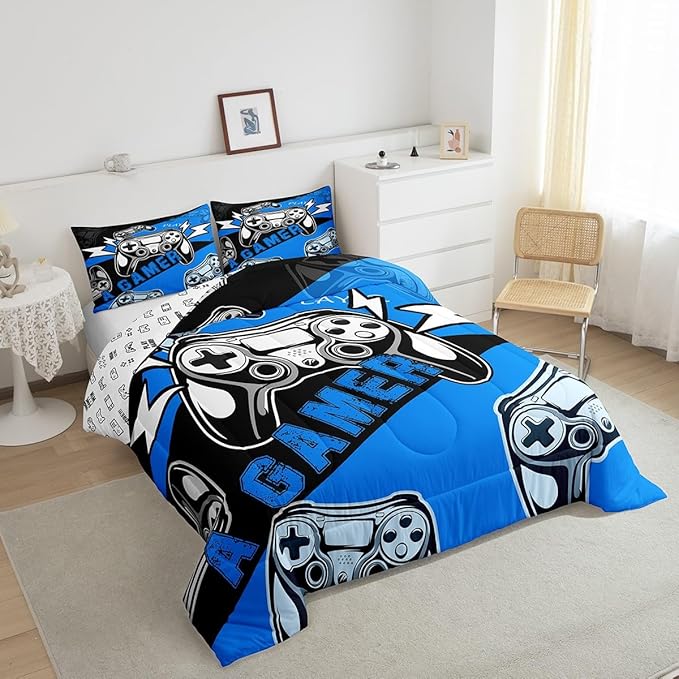Erosebridal Twin Comforter Set for Boys Girls Kids,Gamer Comforter Sets for Boys Teens Video Game Bedding Set,Gaming Console Comforter Bedroom Decor Blue Black 2Pcs
