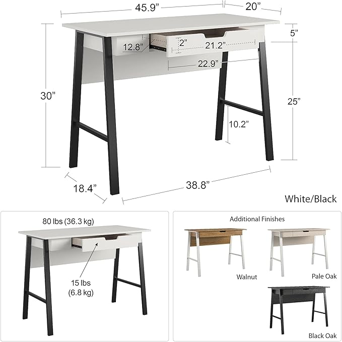 Ameriwood Home Oxford Computer Desk with Drawer, White/Black