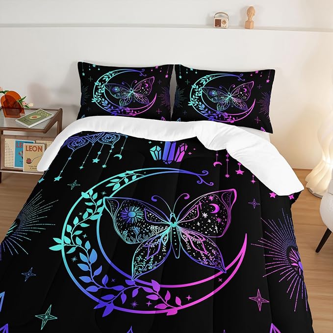 HOSIMA Butterfly Comforter Set 3Piece with 2 Pillowcases,Black Comforter Butterfly Aesthetics Room Decor,Boho Mandala Comforter Butterfly Bedding Set for Girls,Bohemian Twin Bed in a Bag.