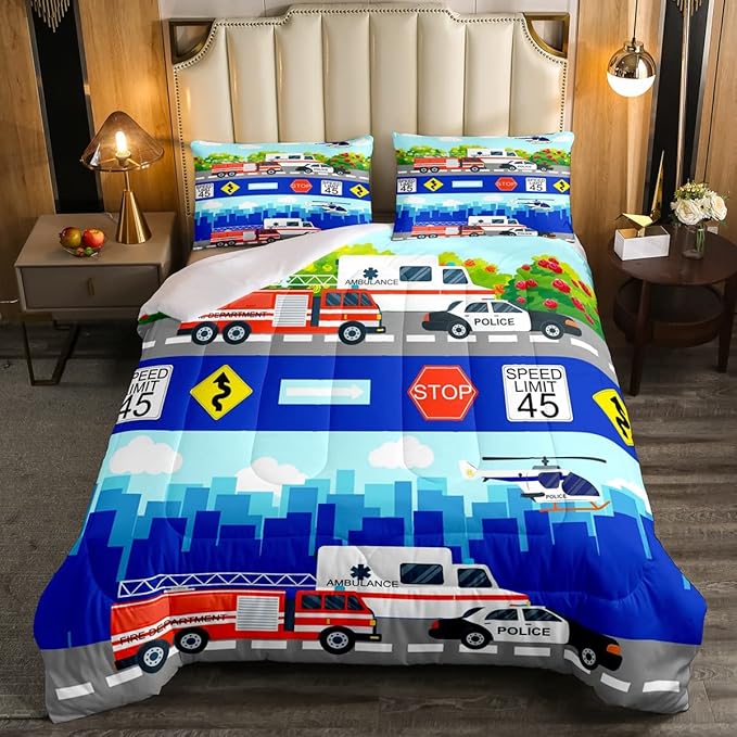 Kids Fire Trucks Car Comforter Set Queen Size Cartoon Police Car Down Comforter Airplane Rescue Vehicles Beding Set Boys Girls Car Room Decor Soft Lightweight Duvet Set, Colorful Comforter