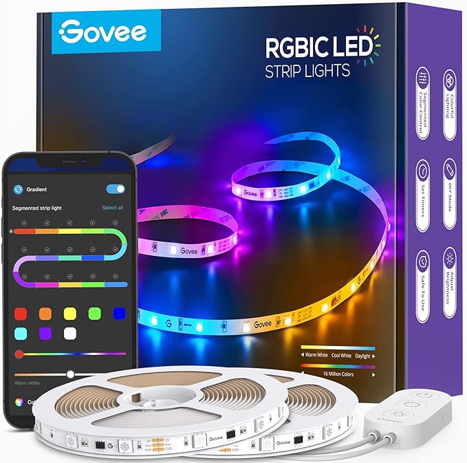 Govee 65.6ft RGBIC LED Strip Lights, Color Changing LED Strips, App Control via Bluetooth, Smart Segmented Control, Multiple Scenes, Enhanced Music Sync LED Lights for Bedroom, Home Decor (2 X 32.8ft)