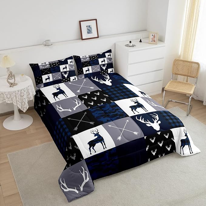 Manfei Camo Deer Antlers Comforter Set Queen, Geometric Plaid Patchwork Bedding 3pcs for Room Decor, Boho Arrow Xmas Quilt Set, Blue Grey Duvet Insert with 2 Pillowcases (WWS10843GYY-BZ_USq)