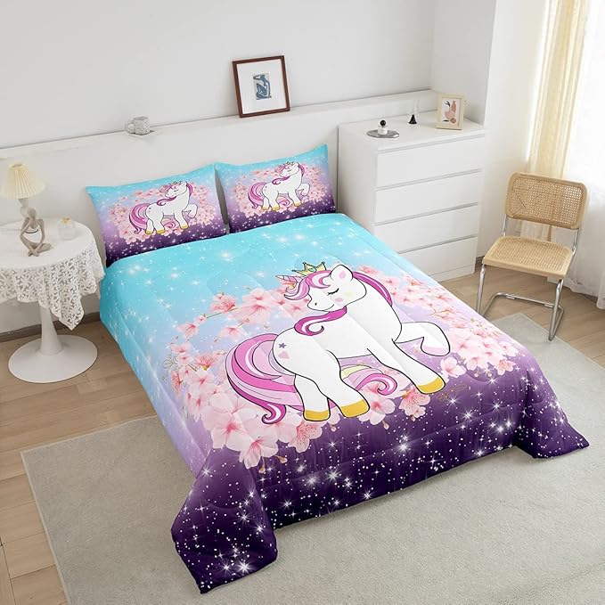 Unicorn Comforter Set Queen, Kids Unicorn Floral Bedding for Girls Boys Children Bedroom Decor, Cherry Blossoms Glitter Down Comforter Galaxy Kawaii Quilt Set with 2 Pillowcases, Blue Purple Ombre