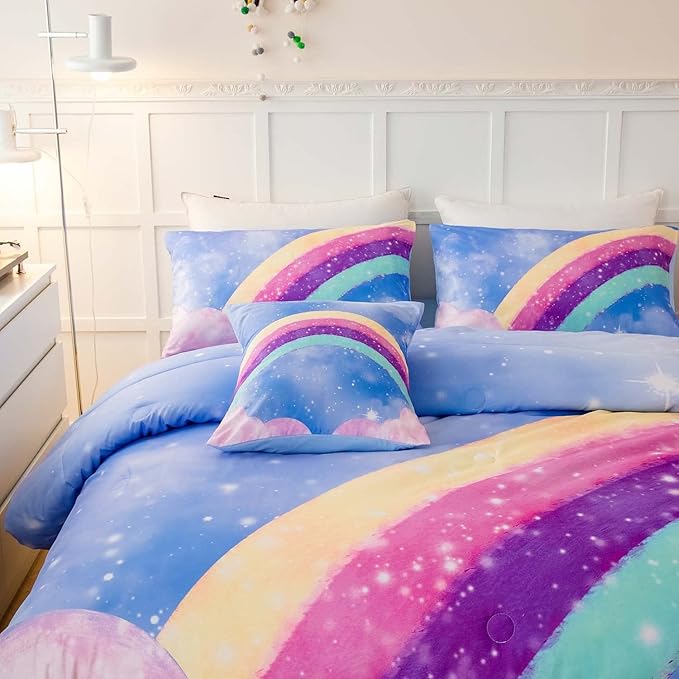 Blue Girls Bedding Set Twin, 6Pcs Colorful Rainbow Kids Comforter Set for Girls, 3D Gradient Glitter Bed in A Bag with Comforter, Sheets and Pillowcases for Teens