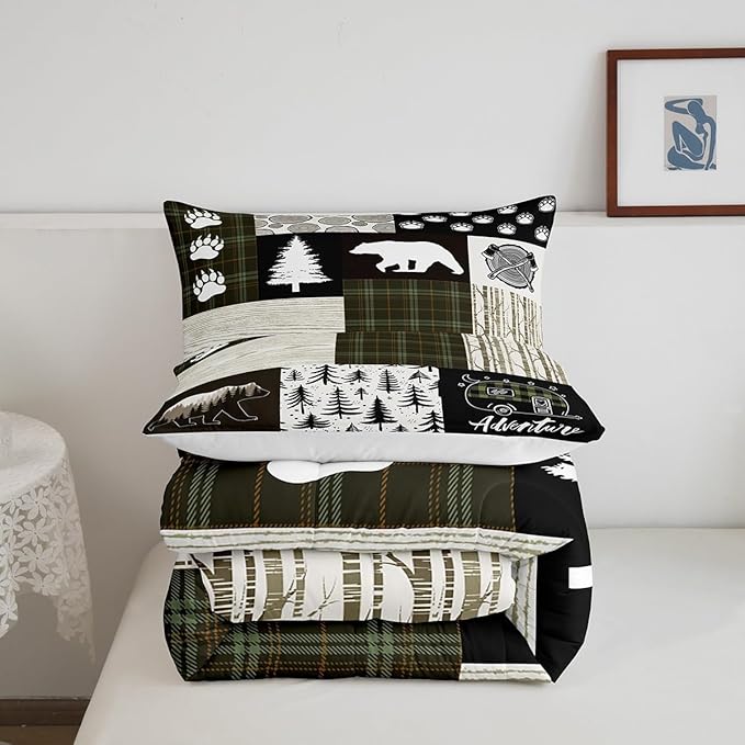 Bear Comforter Set Twin Size,Pine Trees Animals Hunting Bedding Set for Kids Boys Girls Adults Room Decor,Camping Adventure Rustic Farmhouse Down Comforter,Green Plaids Duvet Insert,1 Pillowcase