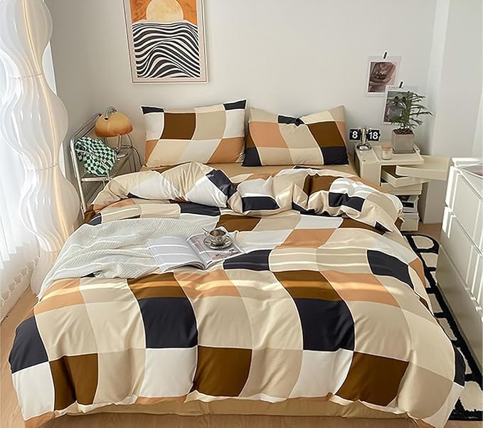 Checkerd Comforter Brown Twin Multicolored Grid Comforter Kids Khaki Checkered Bed Comforter White Black Plaid Buffalo Girls Twin Bedding Comforter All Season Hotel Quality Bed Set