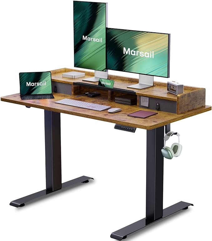Marsail Electric Standing Desk with Dual Drawers (55 inch, Vintage)