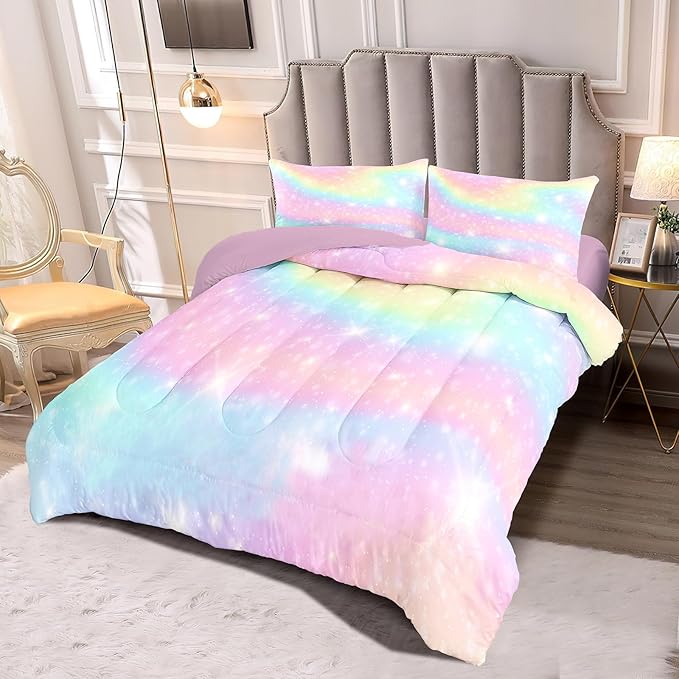 Kids Comforter Bedding Set 5 Piece Super Soft Breathable Print Kids Bedding Sets for Girls, Washable Durable Comforter Set with Comforter, Shams, Sheet, 2 Pillowcases (Gradient Color)