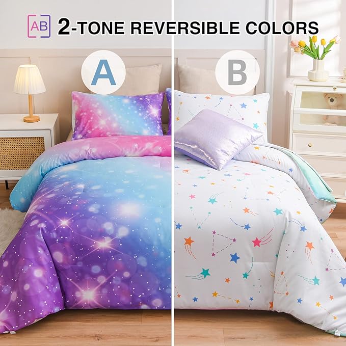 A Nice Night 6Pcs Gradient Glitter Bedding Set for Girls, Colorful Rainbow Galaxy Comforter Set, Ultra Soft Bedding Sets (Purple,Queen 6Pcs)