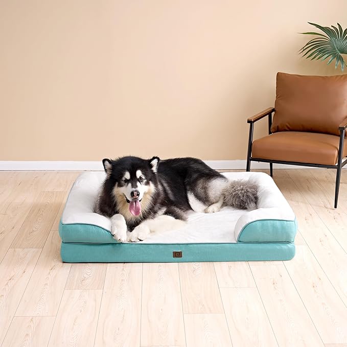 EHEYCIGA Orthopedic Dog Beds for Large Dogs, Waterproof Memory Foam Large Dog Bed with Sides, Non-Slip Bottom and Egg-Crate Foam Large Dog Couch Bed with Washable Removable Cover, Turquoise Blue