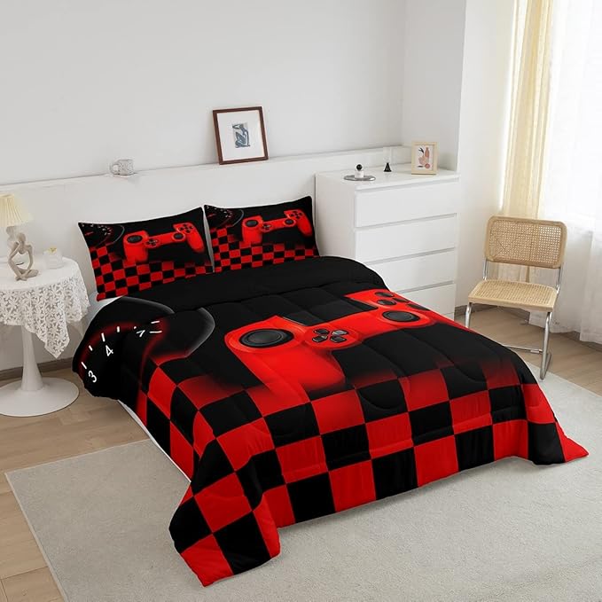 Erosebridal Gamer Bedding Sets for Boys Gaming Comforter Sets Twin Size for Kids Teen Boys Gamer Room Decor Video Game Gamepad Bedding Set with Plaid Check Grid Duvet Insert Soft All Season,Black Red