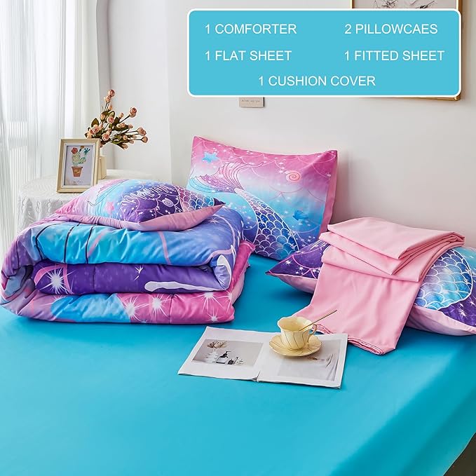 URBONUR 6Pcs Twin Bedding Set for Girls Gradient Purple Blue Mermaid Printed Comforter Set for Twin Bed, Teen Girls Comforter with Sheet Set - Bed in a Bag, Soft and Easy Care Bed Set