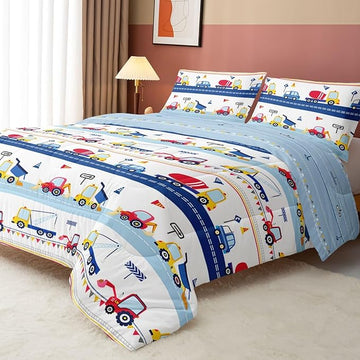 Axolotl Cartoon Cars Comforter Set Queen,Vehicle Bedding Set,Kids Excavator Comforter Set,Construction Bedding Equipment Trucks Comforter Sets for Kids Boys Girls Teens,1 Quilt 2 Pillowcases,Blue Red