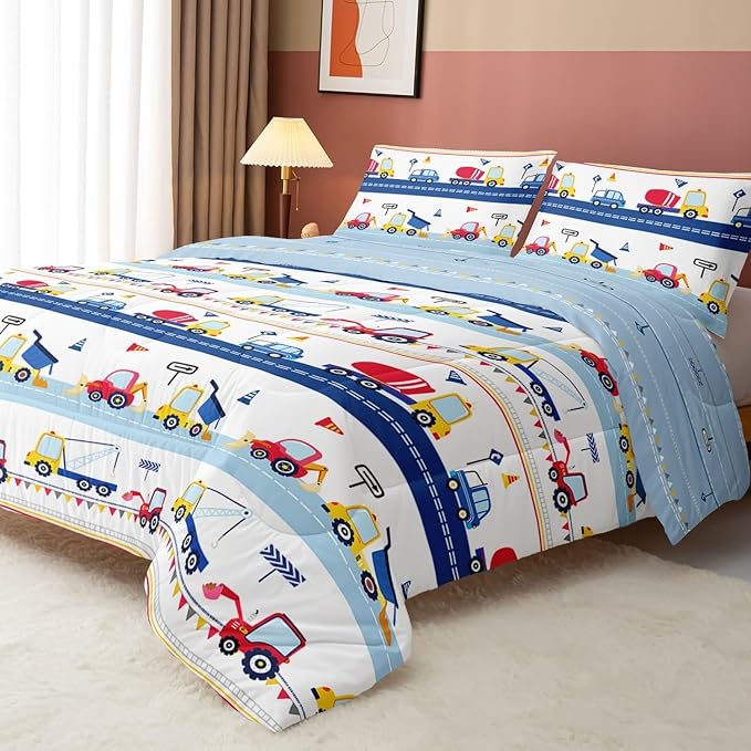 Axolotl Cartoon Cars Comforter Set Queen,Vehicle Bedding Set,Kids Excavator Comforter Set,Construction Bedding Equipment Trucks Comforter Sets for Kids Boys Girls Teens,1 Quilt 2 Pillowcases,Blue Red