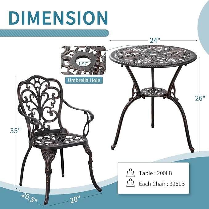 Bistro Set 3 Piece Outdoor Bistro Table and Chair Set of 2 Cast Aluminum Patio Furniture with Umbrella Hole,Patio Bistro Table Sets for Garden,Yard(Brown)