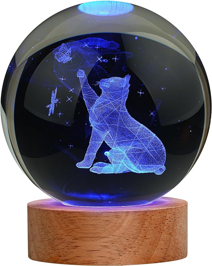 Cat Gifts for Cat Lovers for Women, Large 3D Cat Night Light, Crystal Cat Figurines Lamp 16 Color Changing with Remote Control for Bedroom Decor, Cat Play with Butterfly