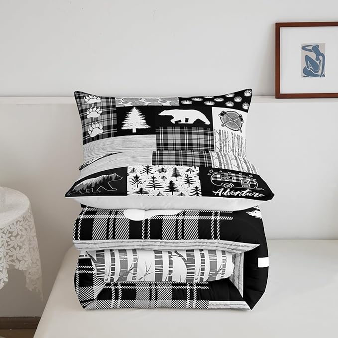 Bear Plaids Comforter Set Full Size,Pine Trees Animals Hunting Bedding Set for Kids Boys Girls Adults Room Decor,Adventure Rustic Farmhouse Down Comforter,Black Retro Duvet Insert,2 Pillowcases
