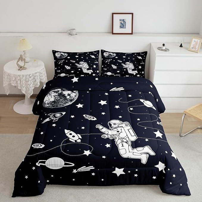 Feelyou Solar System Comforter Set Full Size Outer Space Comforter for Kids Teens Adults Universe Planets Bedding Set Cute Astronaut Blue White Duvet Set Room Decor 3Pcs with 2 Pillow Case
