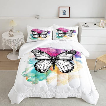 CVHOUSE Butterfly Bedding Set,Butterfly Comforter King,Butterfly Comforter Set for Girls Kids Teens,Butterflies Quilt Set with 1 Comforter and 2 Pillow Cases- 3 Piece
