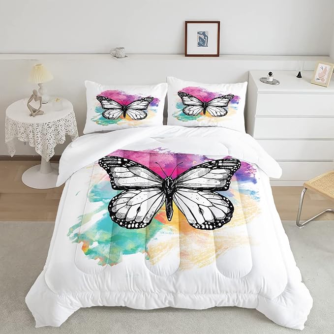CVHOUSE Butterfly Bedding Set,Butterfly Comforter Full,Butterfly Comforter Set for Girls Kids Teens,Butterflies Quilt Set with 1 Comforter and 2 Pillow Cases- 3 Piece