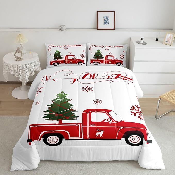 Christmas Truck Bedding Set King Size Christmas Tree Comforter Set Boys Girls Red Xmas Gift Snowflakes Bedding Comforter Sets for Teens Bedroom Decor Elk Deer Christmas Decorations Quilt Duvet Set