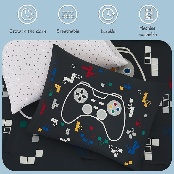 KALEIDOSPACE Kids Bedding Sets for Boys Girls, Glow in The Dark 5 Piece Gamer Twin Bed in A Bag, Ultra Soft Microfiber Kids Bedding for All Season (66"X86"