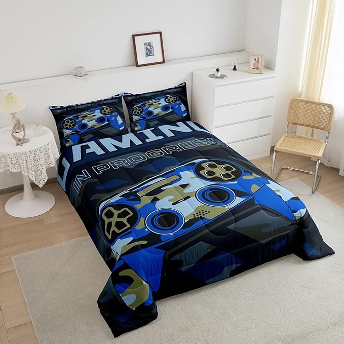 Boys Gamepad Comforter Set Full Size Teens Gamer Bedding Set Retro Blue Camouflage Video Game Controller Comforter for Kids Youth Bedroom Decor Gamer Console Action Buttons Duvet Set Microfiber