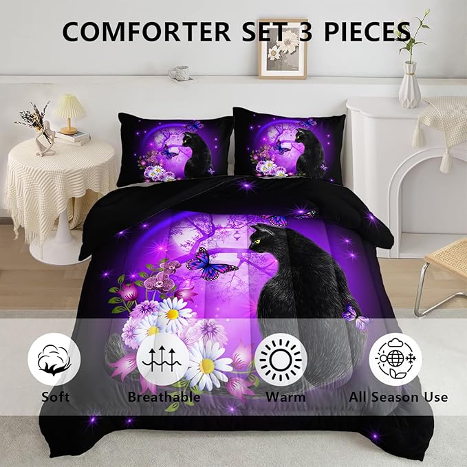 Black Cat Bedding Cartoon Cat Comforter Set Full,Daisy Butterflies Printed Kids Bedding Set for Kids Boys Girls Adults Room Decor,Kids Comforter Set All Season,1 Quilt 2 Pillow Cases,Purple