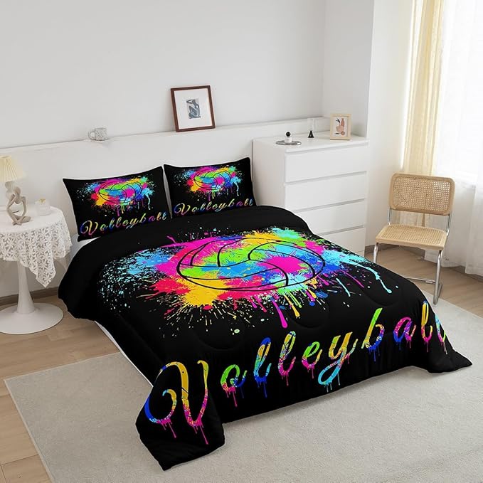 Feelyou Kids Volleyball Comforter Set Queen Size Sports Game Bedding Set for Boys Girls Teens Bedroom Decor Tie Dye Comforter Women Men Volleyball Player Duvet Set with 2 Pillow Case