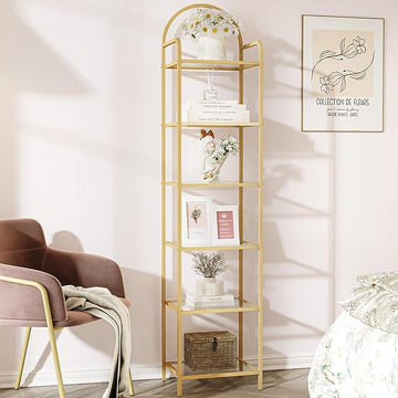 Bookcase Bookshelf, Tempered Glass Bookshelves, Slim Shelving Unit for Bedroom, Bathroom, Home Office, Steel Frame, 6 Tier Gold BC10601G