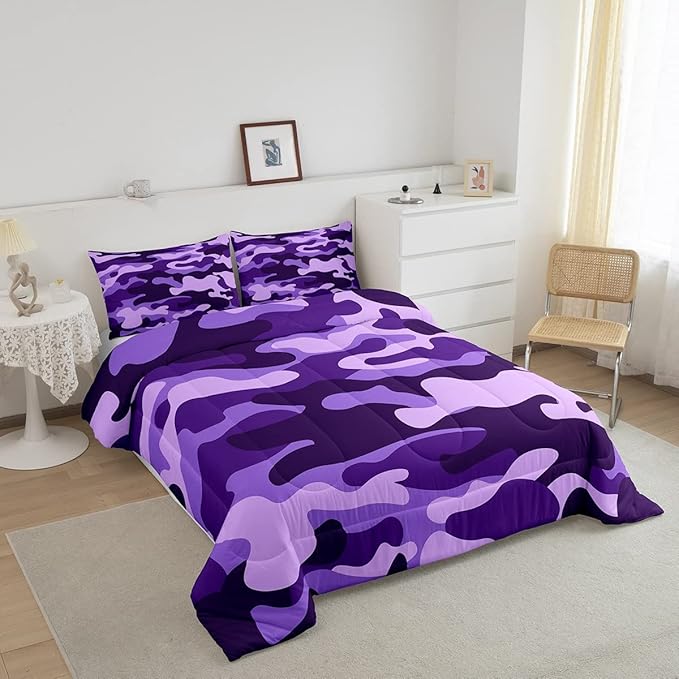 Feelyou Twin Size Camouflage Comforter Set 3Pcs Kids Bedding Set for Boys Girls Teens 1 Comforter & 2 Pillowcases(Twin,Purple)