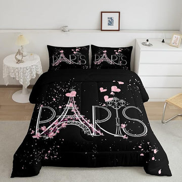 Eiffel Tower Comforter Set Chic Paris Bedding Set Romantic Theme Comforter for Boys Girls Children Teens Black Pink Bedroom Decor Modern French Style Duvet Set Full Size with 2 Pillow Case