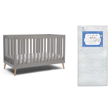 Delta Children Essex 4-in-1 Convertible Baby Crib, Grey with Natural Legs + Delta Children Twinkle Galaxy Dual Sided Recycled Fiber Core Crib and Toddler Mattress (Bundle)