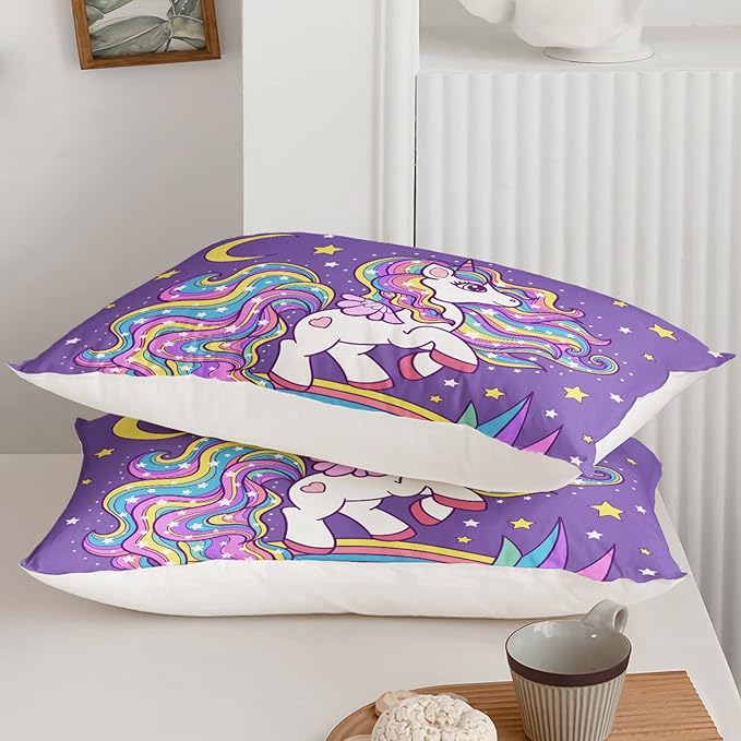 Unicorn Comforter Twin Size,Rainbow Unicorn Comforter Set for Kids Teens Girls,3Pcs Bedding Set Printed Comforter with 2 Pillowcases,Down Alternative,Soft and Lightweight(Purple，Twin Size)