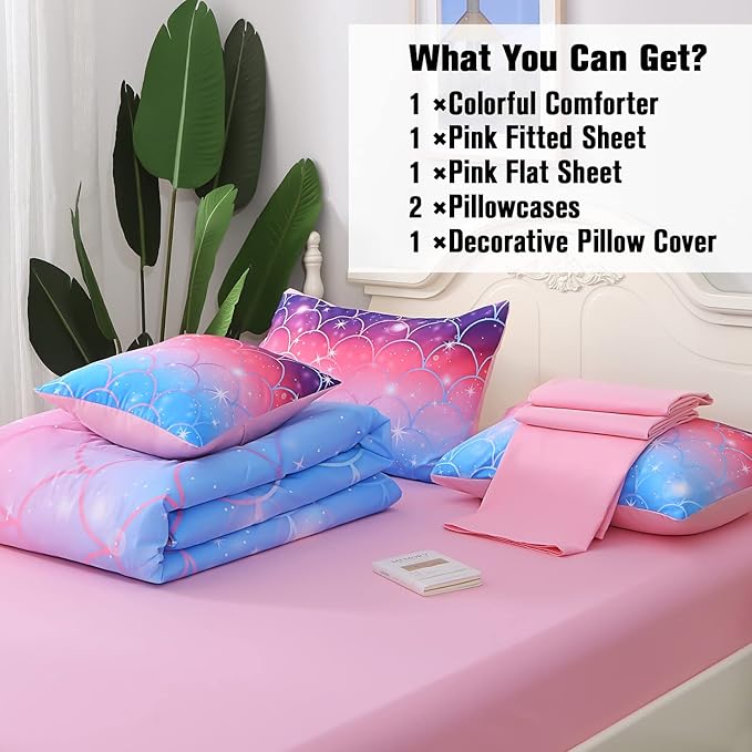 JQinHome Twin Size Mermaid Comforter Set, 6 Piece Bed in A Bag 3D Colorful Bedding Set for Girls kids (1 Comforter,2 Pillowcases,1 Flat Sheet,1 Fitted Sheet,1 Cushion Cover)(Pink Mermaid Scale)